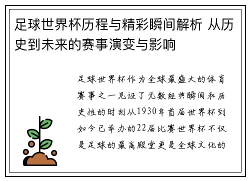 足球世界杯历程与精彩瞬间解析 从历史到未来的赛事演变与影响